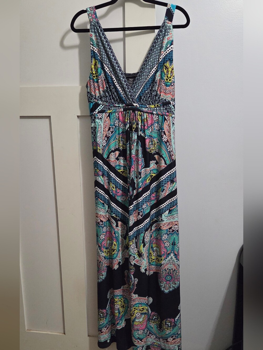 Metaphor Black Paisley Print V-Neck Maxi Dress with Teal Yellow and Pink Accent